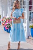 Sky Blue Knot Back Ruffled Short Sleeve Gingham Maxi Dress