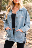 Beau Blue Multi Patched Pockets Side Tie up Boyfriend Style Denim Jacket