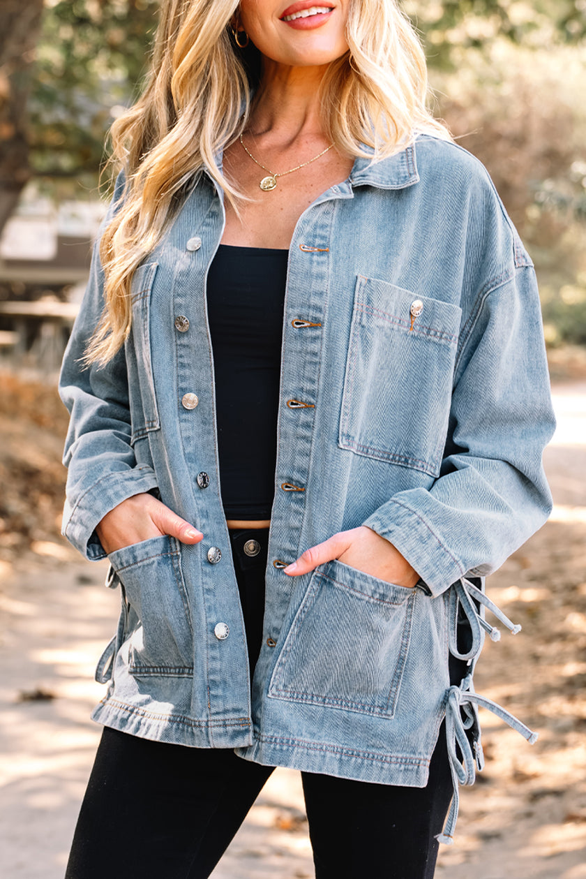 Beau Blue Multi Patched Pockets Side Tie up Boyfriend Style Denim Jacket