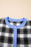 Black Contrast Striped Edge Half Placket Plaid Blouse
