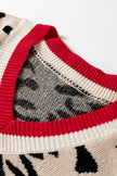 Khaki Leopard Pattern V-Neck Contrast Rib Knitted Sweater