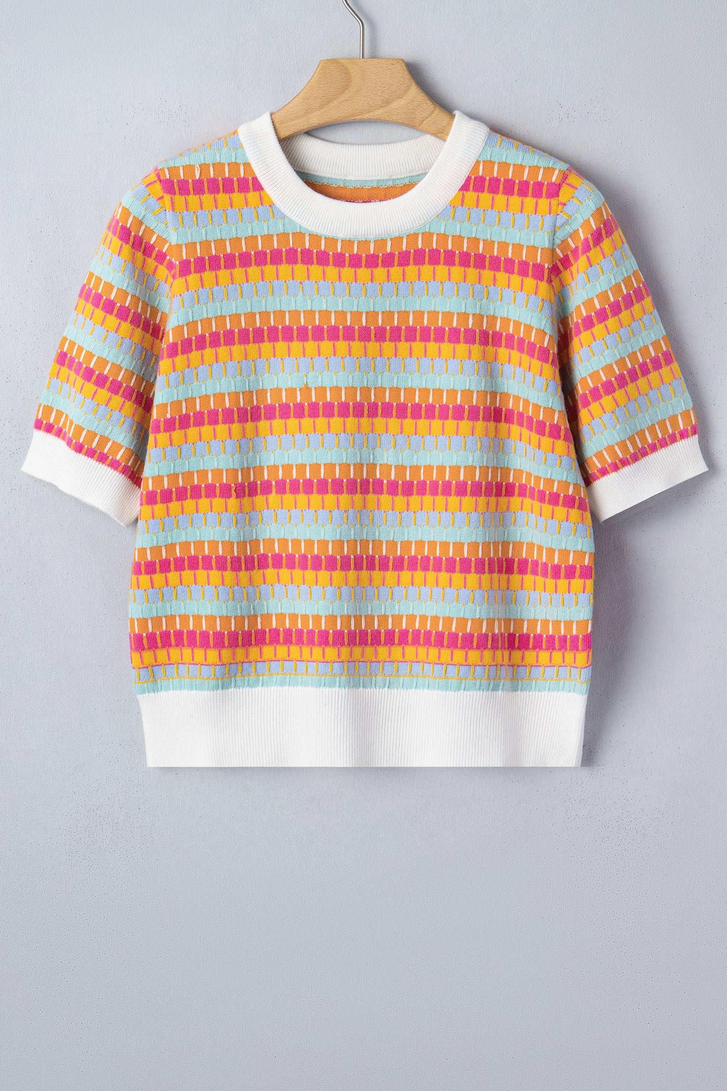 Purple Abstract Striped Knit Short Sleeve Sweater