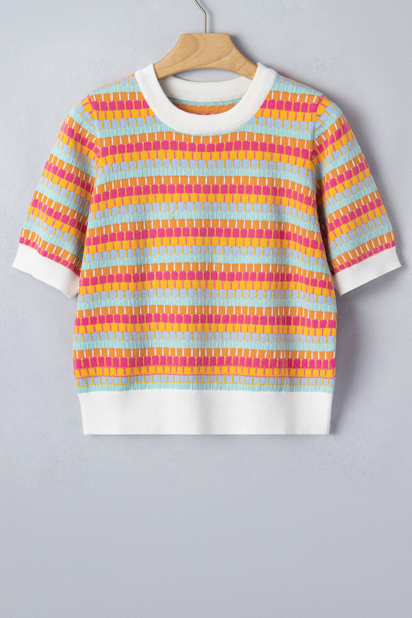 Purple Abstract Striped Knit Short Sleeve Sweater