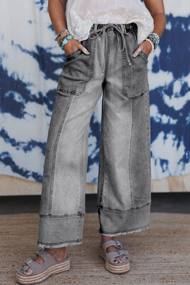 Beau Blue Drawstring Seam Detail Raw Hem Wide Leg Denim Pants