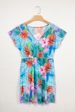 Rose Floral Print V Neck Semi Sheer Beach Cover Up Dress