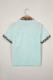 Sky Blue Stripe Leopard Contrast Collar Short Sleeve Shirt