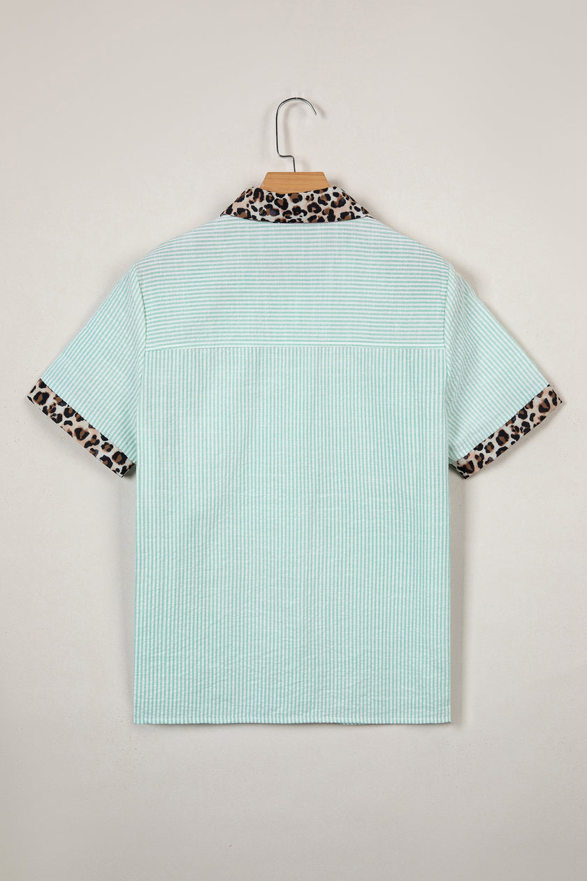 Sky Blue Stripe Leopard Contrast Collar Short Sleeve Shirt