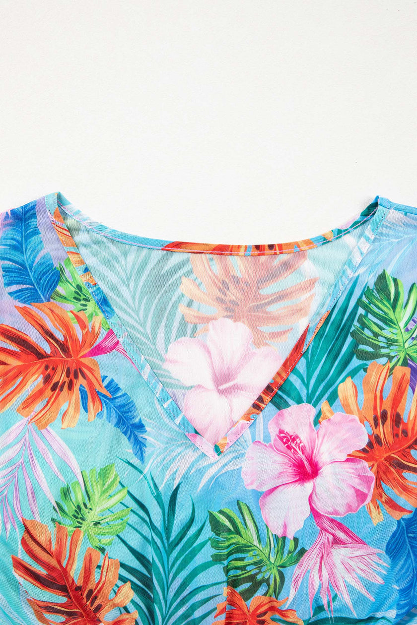 Rose Floral Print V Neck Semi Sheer Beach Cover Up Dress