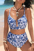 Blue Floral Print Hardware Accent Notched Neck High Waist Bikini Set