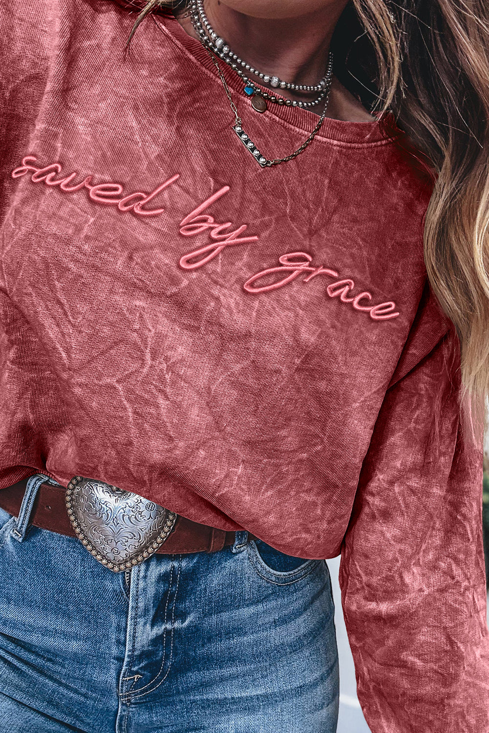 High-rise saved by grace Letter Embroidery Mineral Wash Loose Sweatshirt