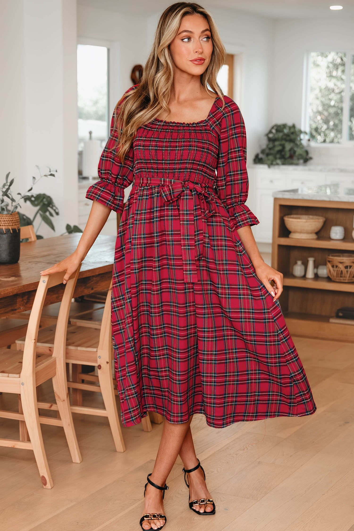 Green Tartan Plaid Square Neck Puff Sleeve Knot Waist Flared Midi Dress