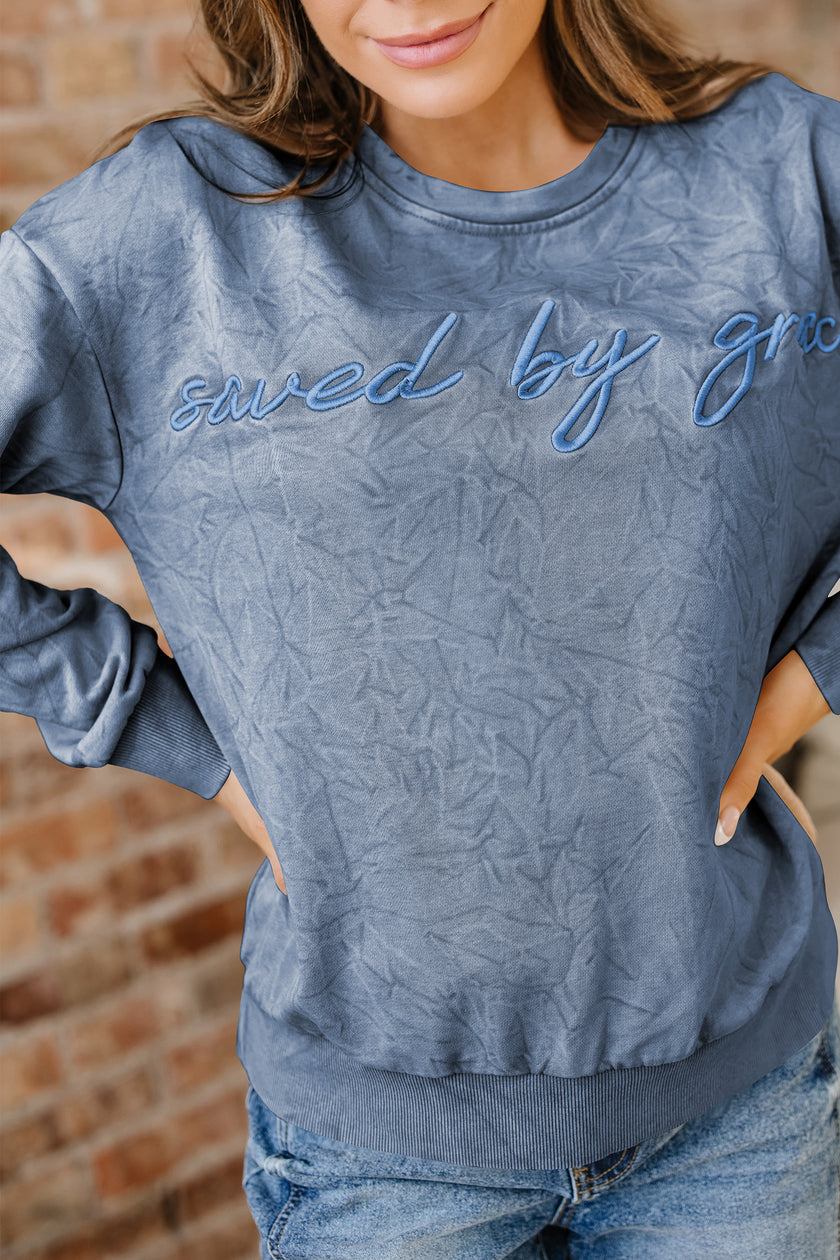 High-rise saved by grace Letter Embroidery Mineral Wash Loose Sweatshirt