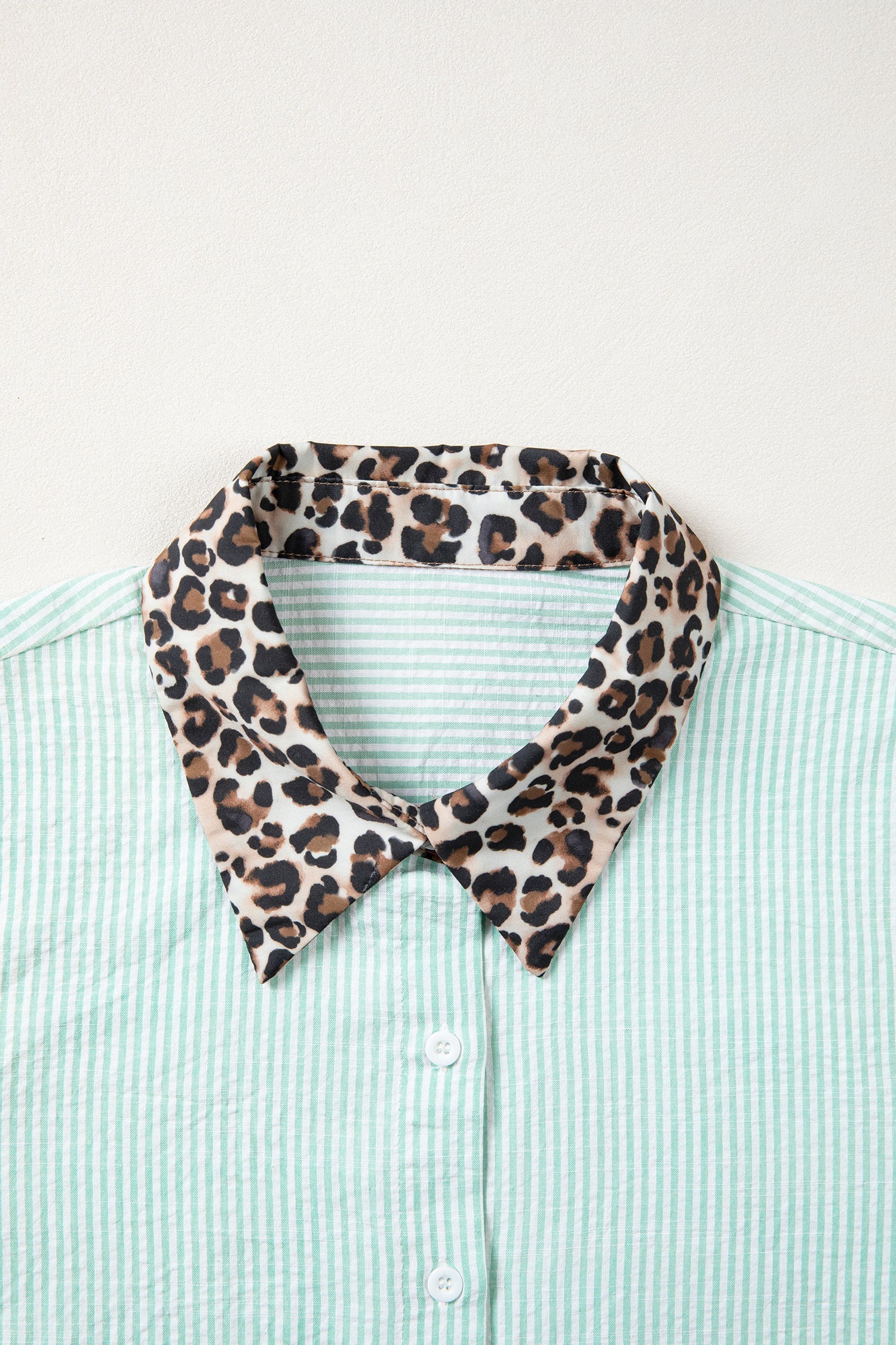 Sky Blue Stripe Leopard Contrast Collar Short Sleeve Shirt