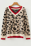 Khaki Leopard Pattern V-Neck Contrast Rib Knitted Sweater