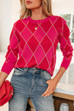 Rose Red Glitter Rhombus Pattern Knit Womens Casual Sweater