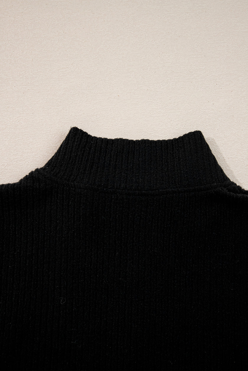 Black Ribbed Zip Stand Neck Drop Shoulder Pullover Bodycon Skirt 2pcs Set