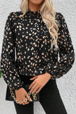White Leopard Print Lantern Sleeve Mock Neck Pleated Blouse