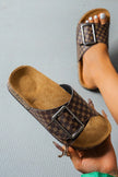 Color black Retro Geometric Print Buckle Strap Flat Slippers