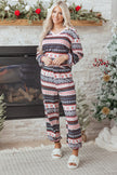 Black Retro Christmas Pattern Loose Pullover 2pcs Lounge Pant Set