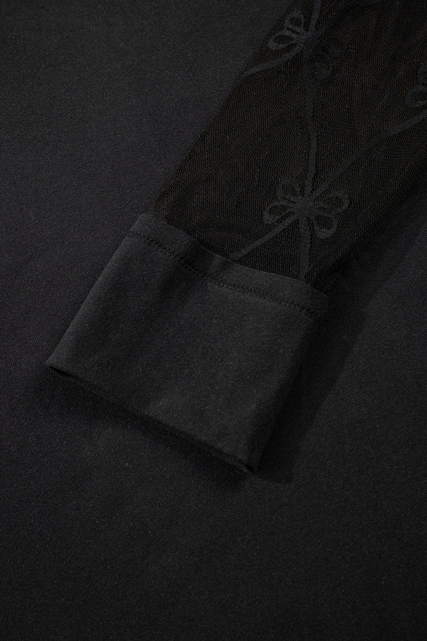 Black Solid Color Bow Textured Patchwork Long Sleeve Tee