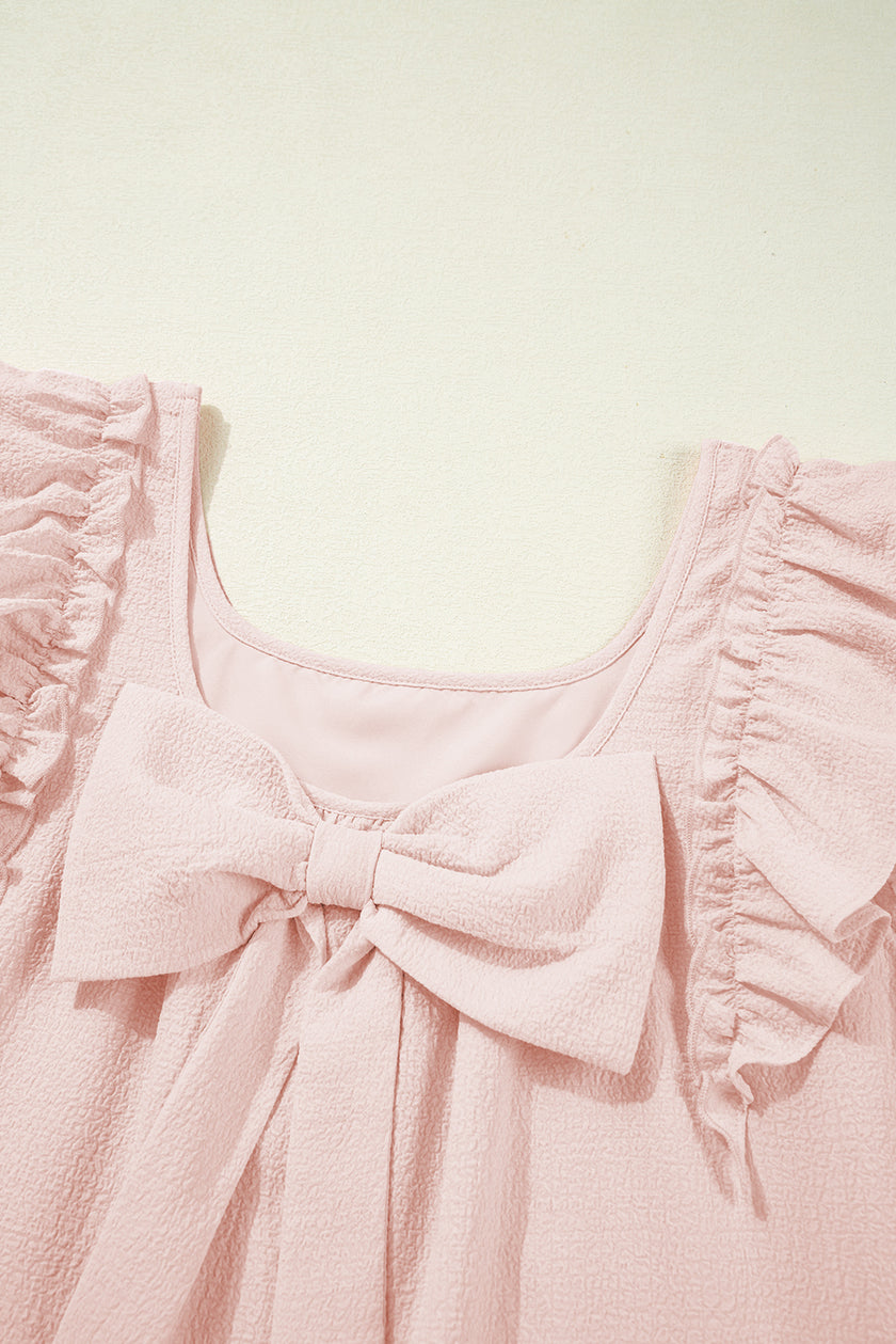 Light Pink Textured Flutter Sleeve Square Neck Bow Back Mini Dress