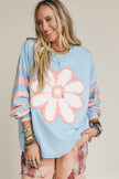Beau Blue Big Flower Patch Drop Shoulder Striped Long Sleeve Top