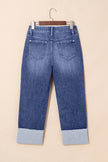 Real Teal Folded Cuffs Distressed Straight High Waist Jeans