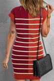 Black Stripe Color Block Quarter Zip Collar Short Sleeve Sweater Dress
