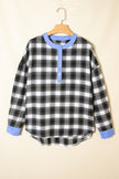 Black Contrast Striped Edge Half Placket Plaid Blouse
