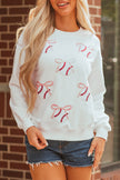 White Sequin Bow Baseball Patched Casual Sweatshirt