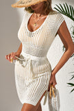 Beige Open Knit Drawstring Waist Beach Dress