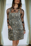 Gray Leopard Print Pocketed Loose Fit Denim Overall Dress