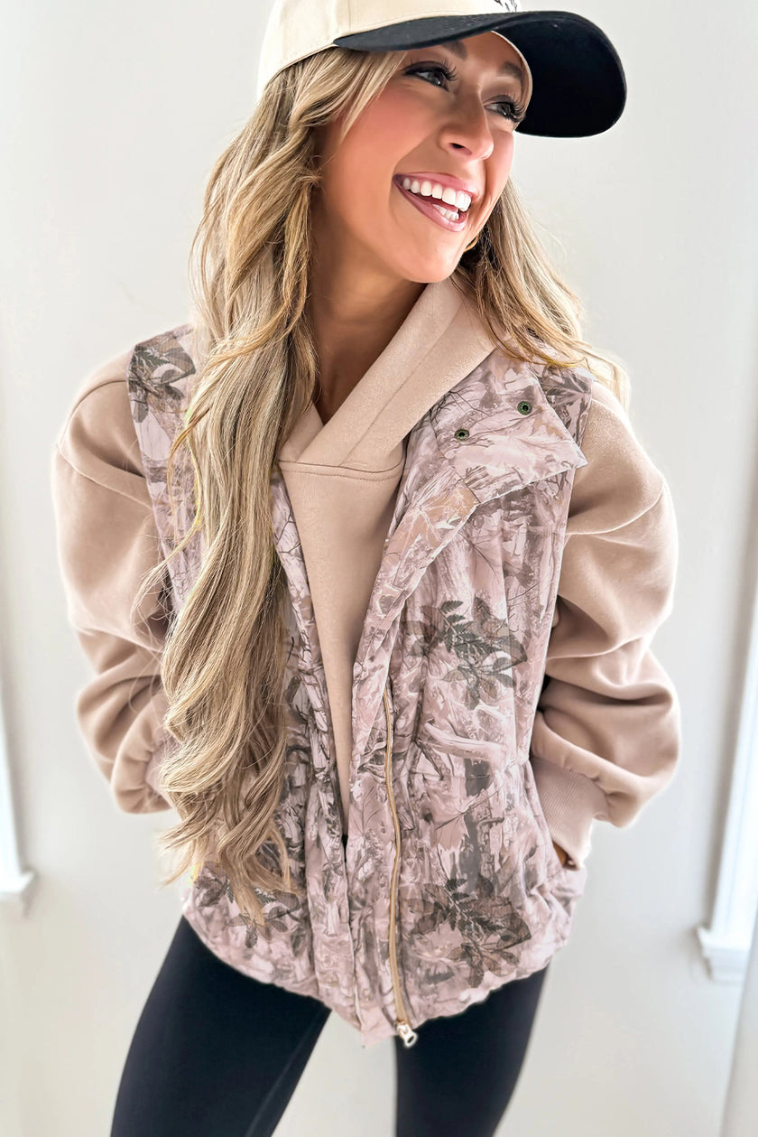 Brown Camo Leaf Print Winter Puffer Vest