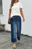 Beau Blue Drawstring Seam Detail Raw Hem Wide Leg Denim Pants