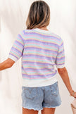 Purple Abstract Striped Knit Short Sleeve Sweater