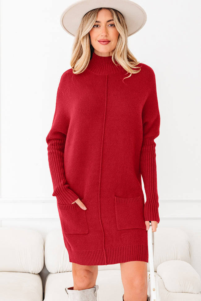 Fiery Red Ribbed High Neck Front Pockets Center Seam Shift Sweater Dress