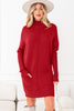 Fiery Red Ribbed High Neck Front Pockets Center Seam Shift Sweater Dress