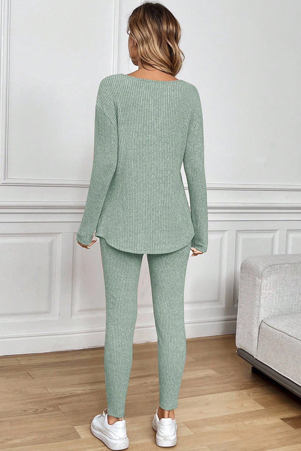 Racing Red Ribbed Notched Neck Knit Long Sleeve Leggings Two Pieces Lounge Set