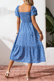 Beige Ditsy Floral Print Smocked Square Neck Ruffle Short Sleeve Dress