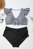 Black Stripe Plus Size Knot Cutout Ruffle Sleeve and High Waist Swimsuit Set