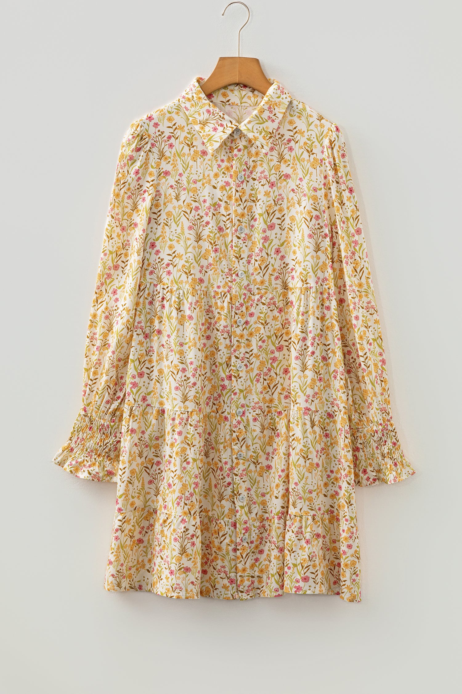 Yellow Floral Print Frilly Trim Smocked Cuff Long Sleeve Loose Shirt Dress