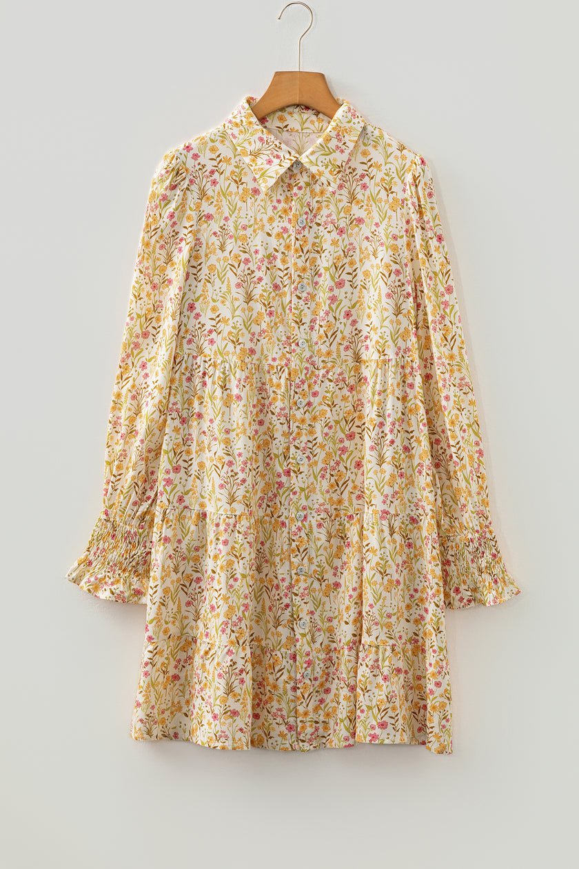 Yellow Floral Print Frilly Trim Smocked Cuff Long Sleeve Loose Shirt Dress