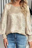Apricot Metallic Round Neck Smocked Long Sleeve Blouse