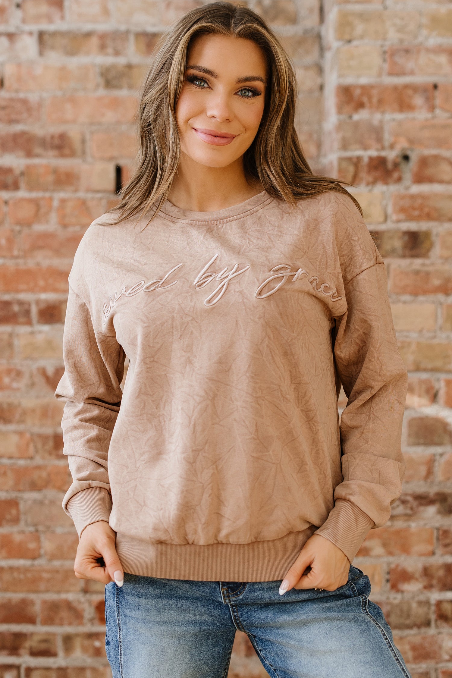 High-rise saved by grace Letter Embroidery Mineral Wash Loose Sweatshirt