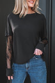 Black Solid Color Bow Textured Patchwork Long Sleeve Tee