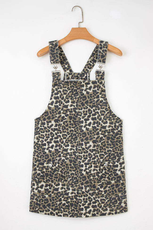 Gray Leopard Print Pocketed Loose Fit Denim Overall Dress