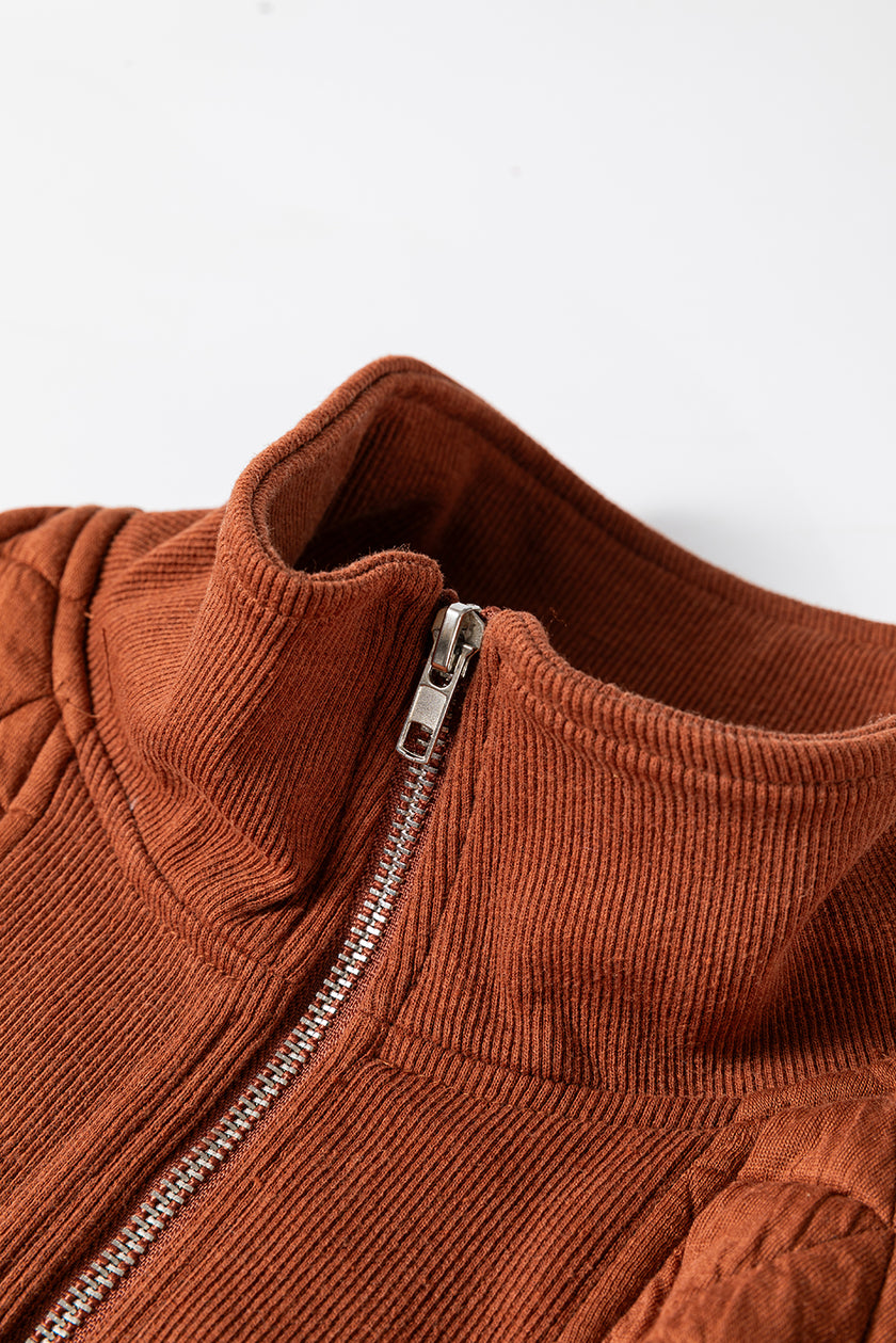 Straw Yellow Geometric Quilted Half Zipped Loose Sweatshirt