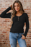 Black Lace Neckline Button Decor Lettuce Edge Long Sleeve Ribbed Top