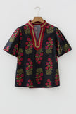 Black Floral Short Bubble Sleeve Contrast Slit Neckline Blouse