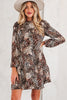 Brown Leopard Ruffled Detail Long Sleeve Loose Mini Dress